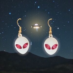 White Pink Rhinestone Alien Extraterrestrial UFO Outer Space Travel 1/2" Earring
